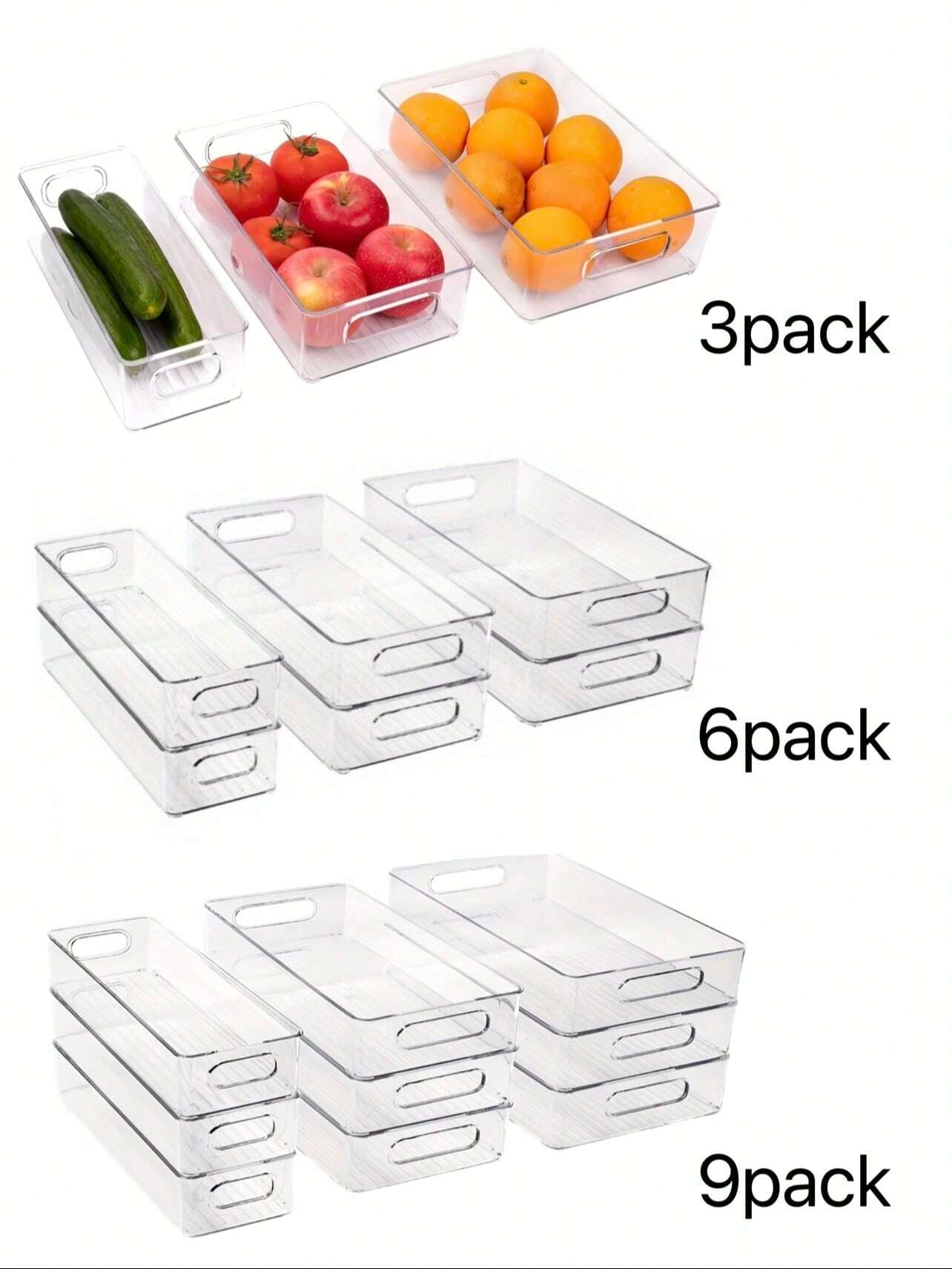 Stackable Refrigerator Organizer Bins – 3/6/9/12 Pack Clear PET Pantry Bins with Handles (3 Sizes)