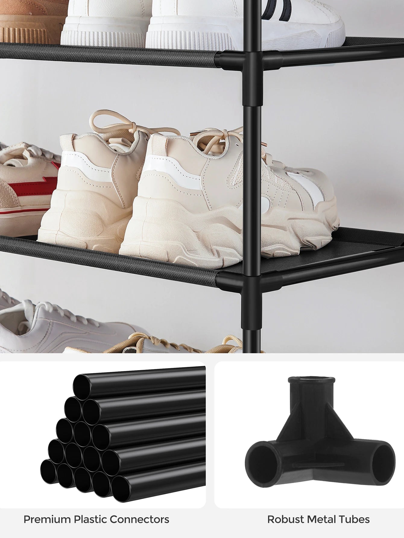 10-Tier Shoe Rack – Vertical Shoe Organizer with Metal Frame & Non-Woven Shelves for Entryway or Bedroom (Black)