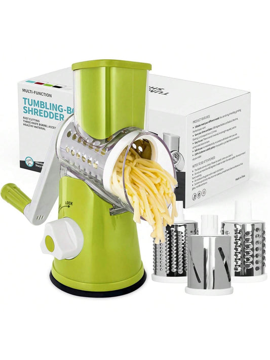 Rotary Cheese Grater & Vegetable Slicer – Manual Mandoline with 3 Interchangeable Blades & Suction Base (Green)