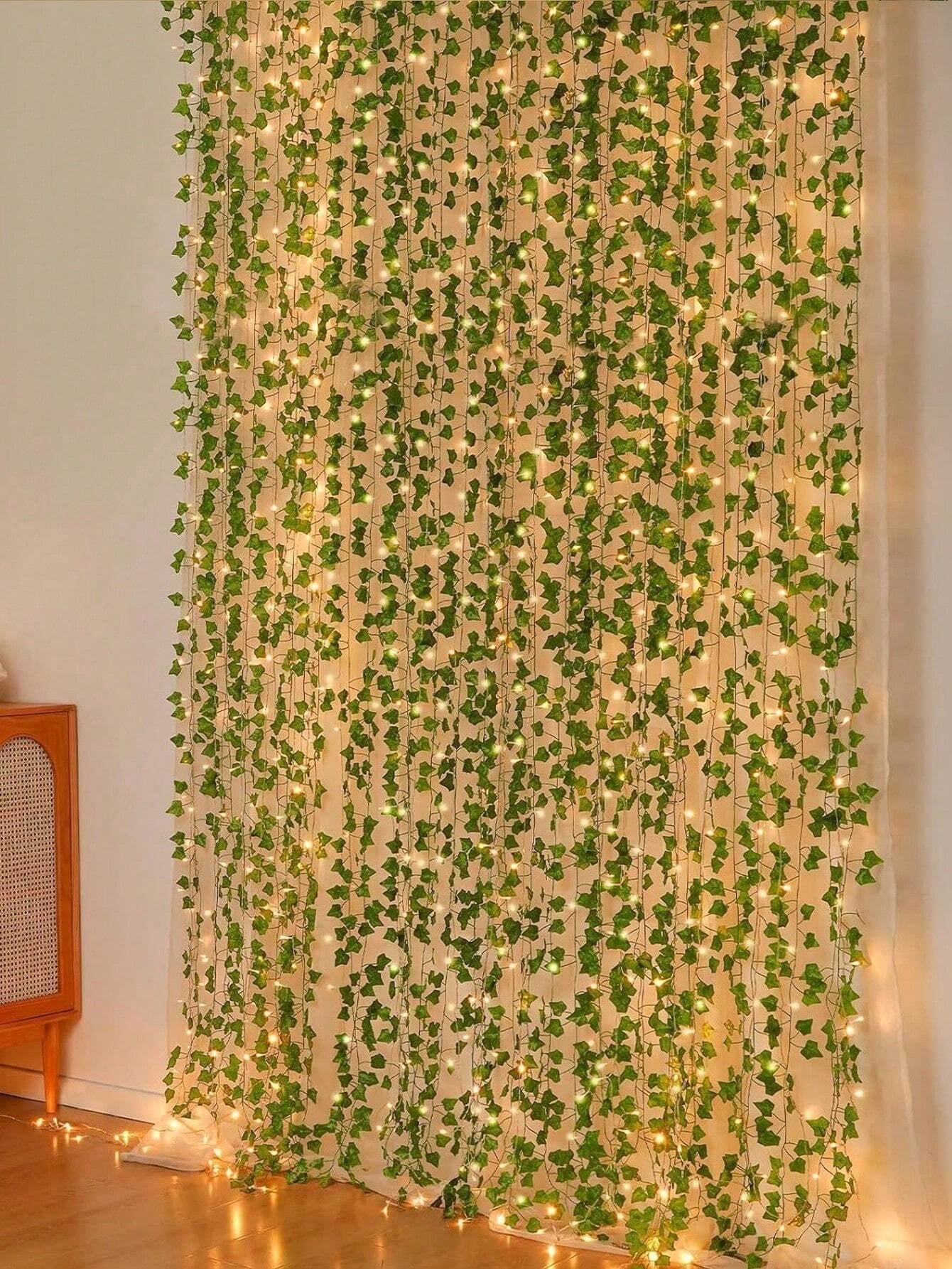 12Pcs Artificial Vine with LED String Lights – Green Leaf Fairy Vines for Bedroom, Garden, Party & Holiday Décor
