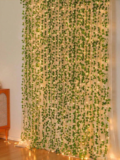 12Pcs Artificial Vine with LED String Lights – Green Leaf Fairy Vines for Bedroom, Garden, Party & Holiday Décor