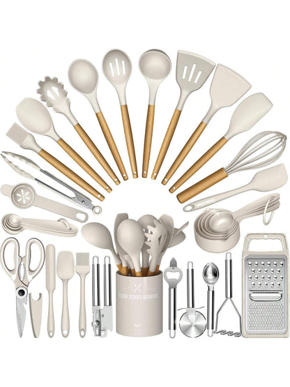 Kitchen Utensils Set – 34PCS Silicone Cooking Utensils with Holder, Heat Resistant Spatula Set for Nonstick Cookware, Black with Wooden Handles