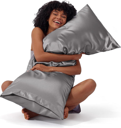 Satin Pillowcases – Queen Size Set of 2, Silk-Like Cooling Pillow Covers for Hair & Skin, Silver Grey (20x30")