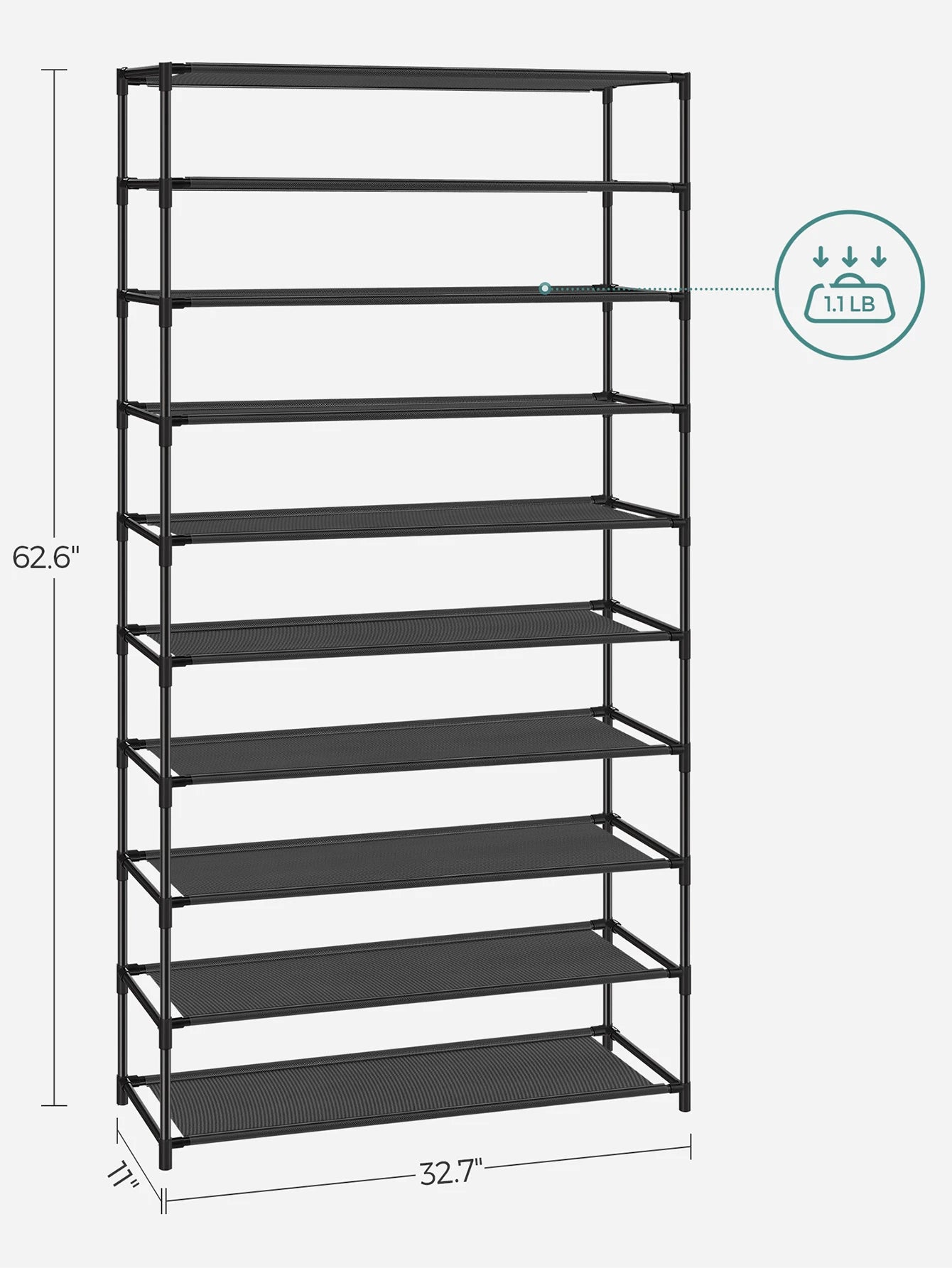 10-Tier Shoe Rack – Vertical Shoe Organizer with Metal Frame & Non-Woven Shelves for Entryway or Bedroom (Black)