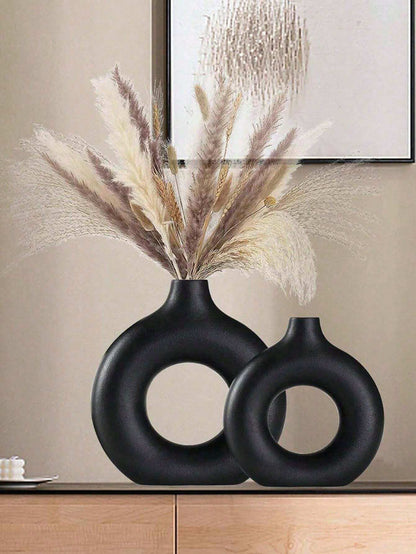 Black Circular Plastic Flower Vase – Modern Minimalist Vase for Dried & Faux Floral Arrangements