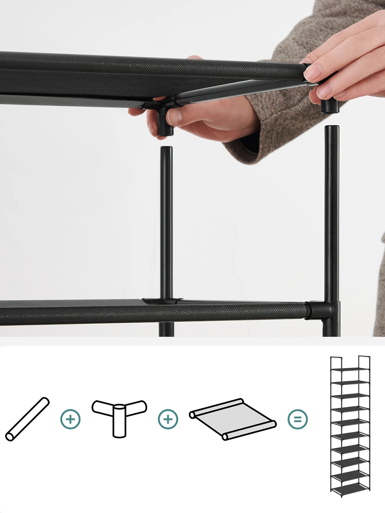 10-Tier Shoe Rack – Vertical Shoe Organizer with Metal Frame & Non-Woven Shelves for Entryway or Bedroom (Black)