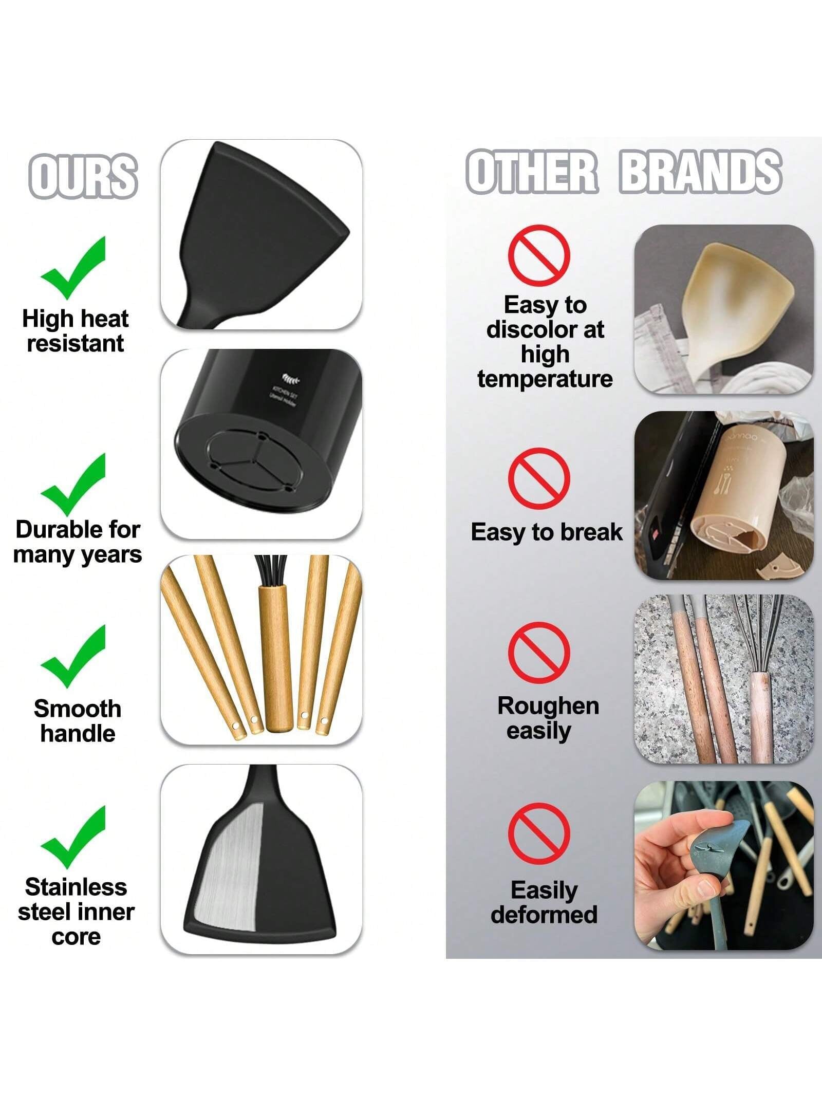 Kitchen Utensils Set – 34PCS Silicone Cooking Utensils with Holder, Heat Resistant Spatula Set for Nonstick Cookware, Black with Wooden Handles
