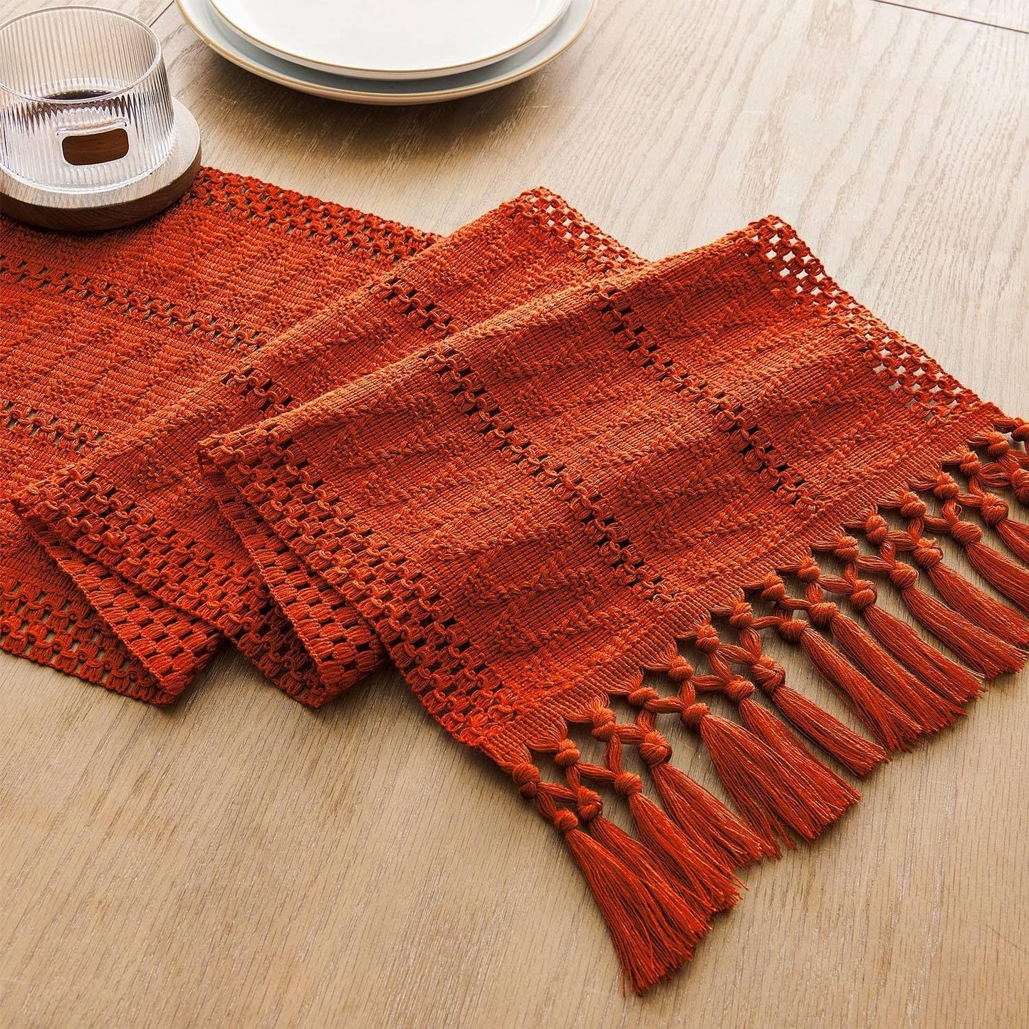 Macrame Style Boho Table Runner – Burnt Ochre (12x48”), Farmhouse Woven Fall Decor with Fringed Edges