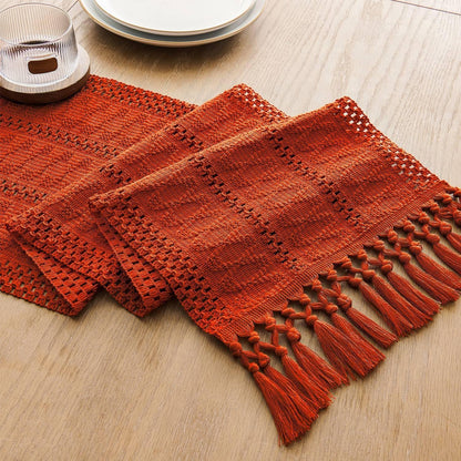 Macrame Style Boho Table Runner – Burnt Ochre (12x48”), Farmhouse Woven Fall Decor with Fringed Edges