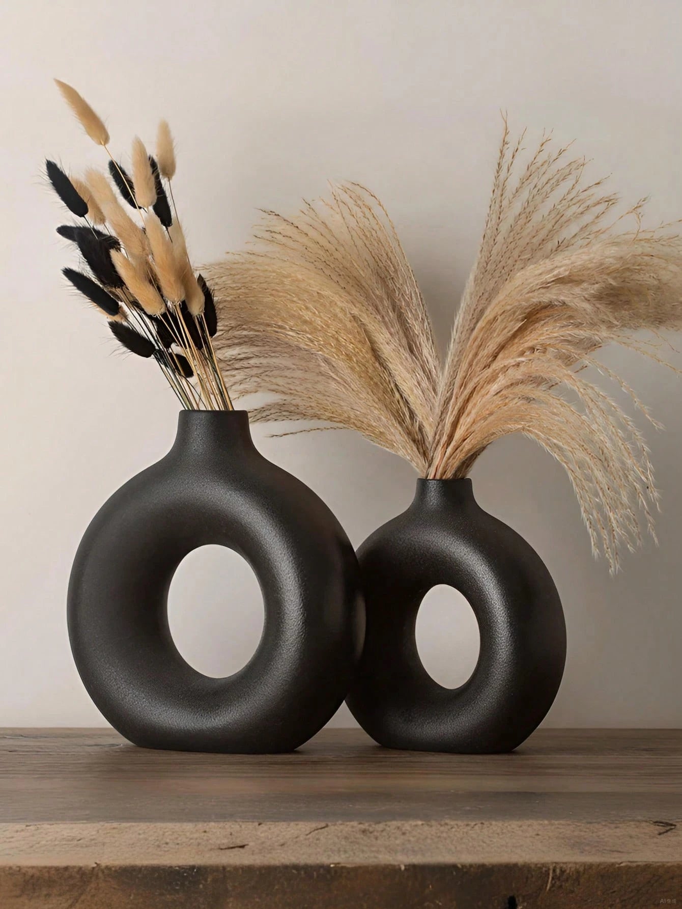 Black Circular Plastic Flower Vase – Modern Minimalist Vase for Dried & Faux Floral Arrangements