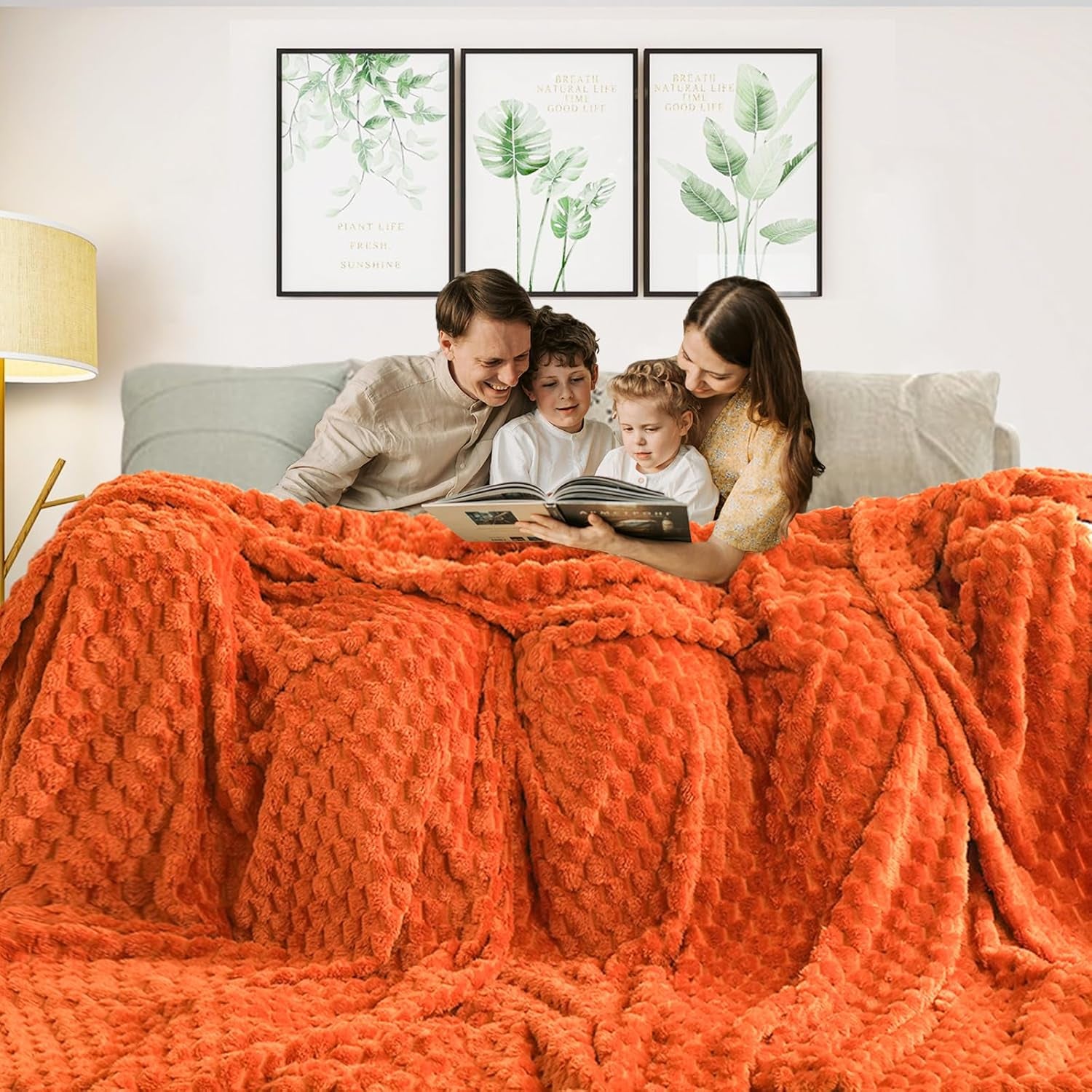 Flannel Fleece Throw Blanket(50X70 Inches), Big 3D Clouds Stylish Hexagon Jacquard Decorative Fuzzy Blankets for Household, Camping, and Travel, Super Soft Cozy, Burnt Orange