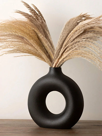 Black Circular Plastic Flower Vase – Modern Minimalist Vase for Dried & Faux Floral Arrangements