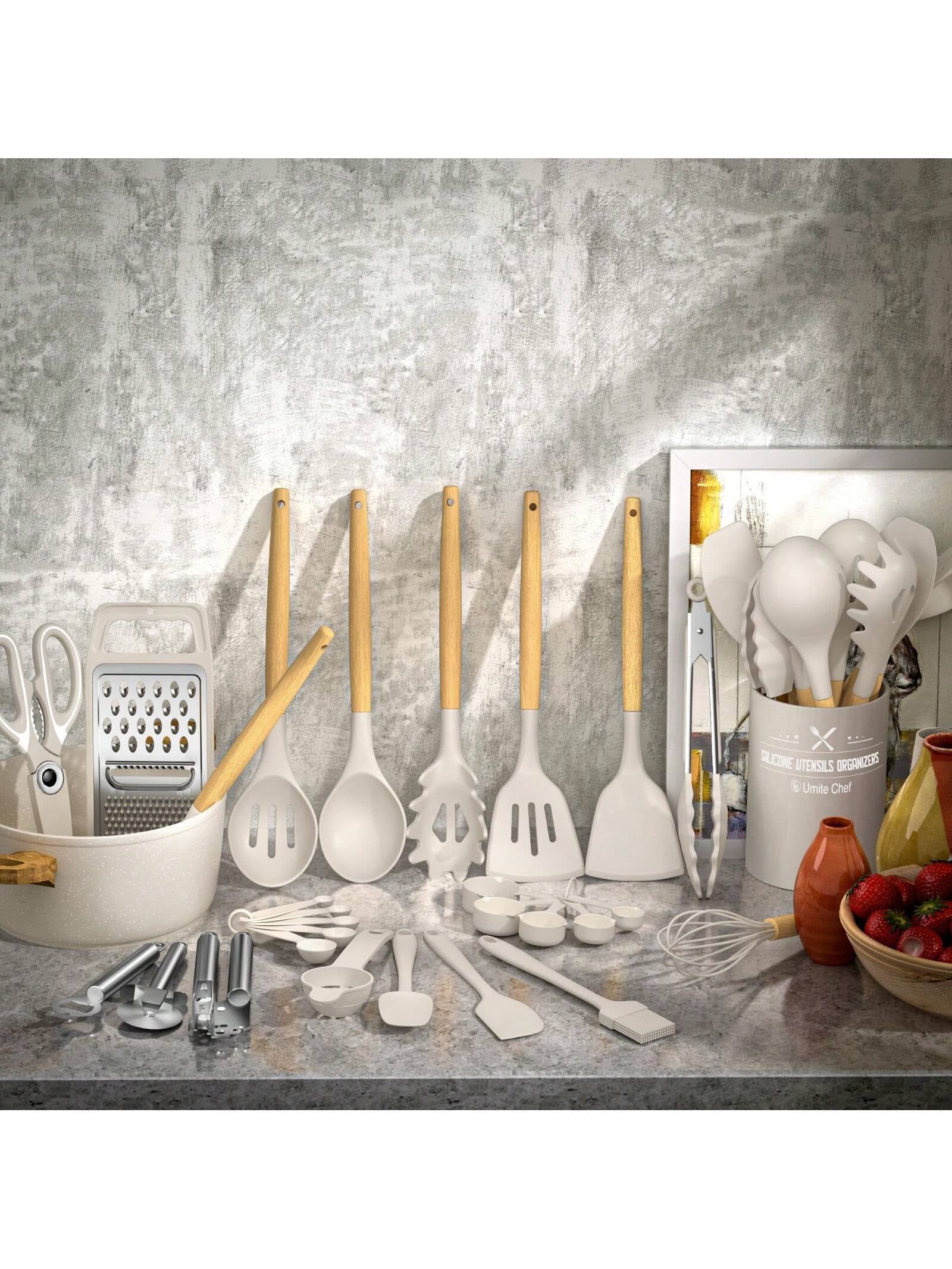 Kitchen Utensils Set – 34PCS Silicone Cooking Utensils with Holder, Heat Resistant Spatula Set for Nonstick Cookware, Black with Wooden Handles