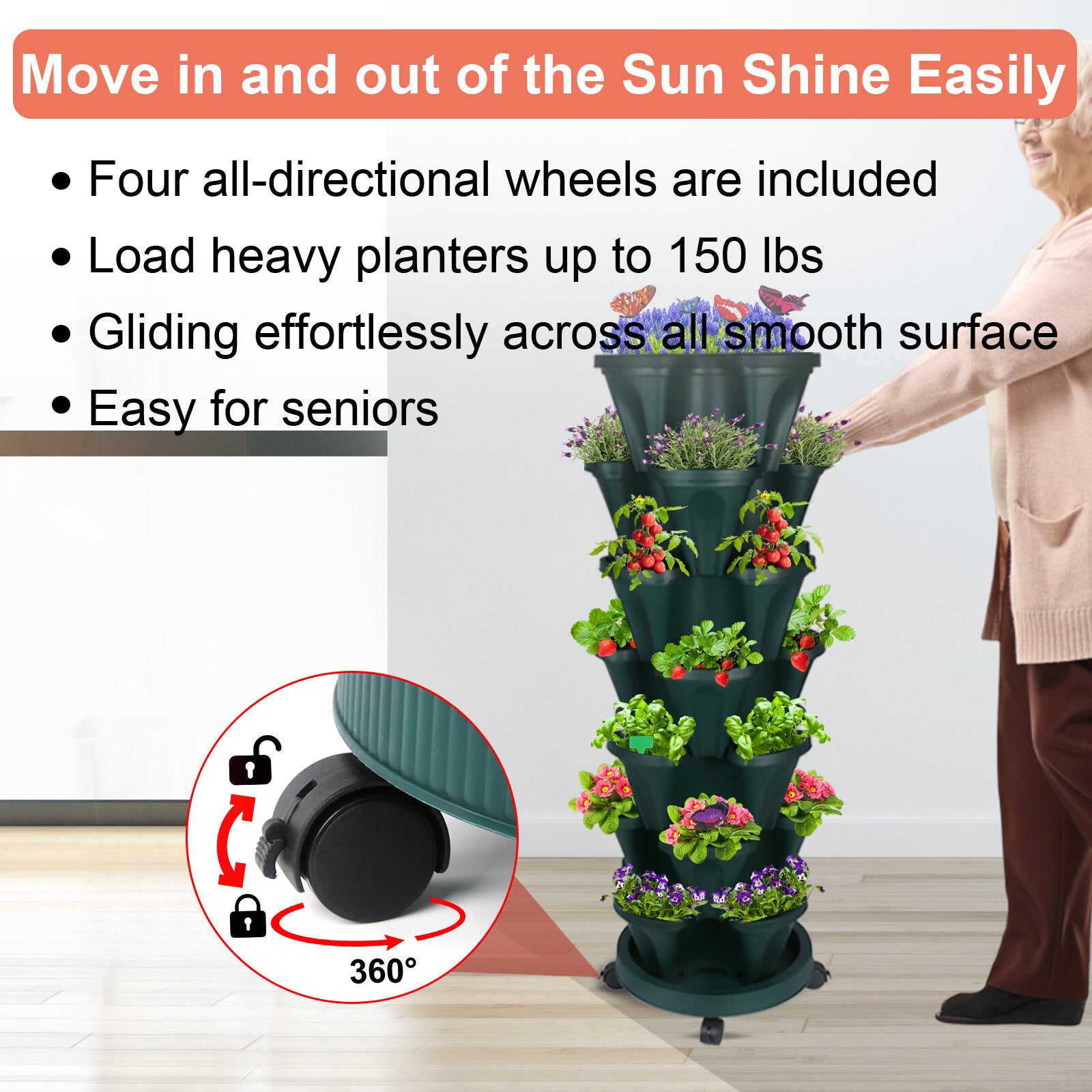 🌱 Product Title: 7-Tier Stackable Vertical Planter with Wheels & Garden Tool Set – Space-Saving Plant Tower for Indoors & Outdoors