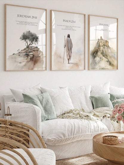 3-Piece Jesus & Nature Canvas Wall Art Set – Boho Christian Scripture Posters (No Frame, Beige)