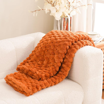 Flannel Fleece Throw Blanket(50X70 Inches), Big 3D Clouds Stylish Hexagon Jacquard Decorative Fuzzy Blankets for Household, Camping, and Travel, Super Soft Cozy, Burnt Orange