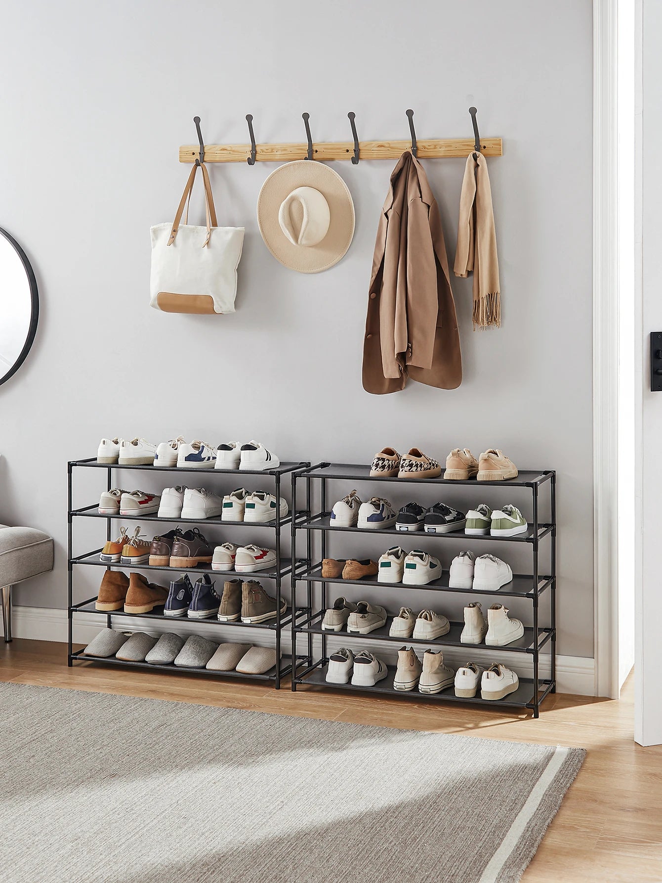 10-Tier Shoe Rack – Vertical Shoe Organizer with Metal Frame & Non-Woven Shelves for Entryway or Bedroom (Black)