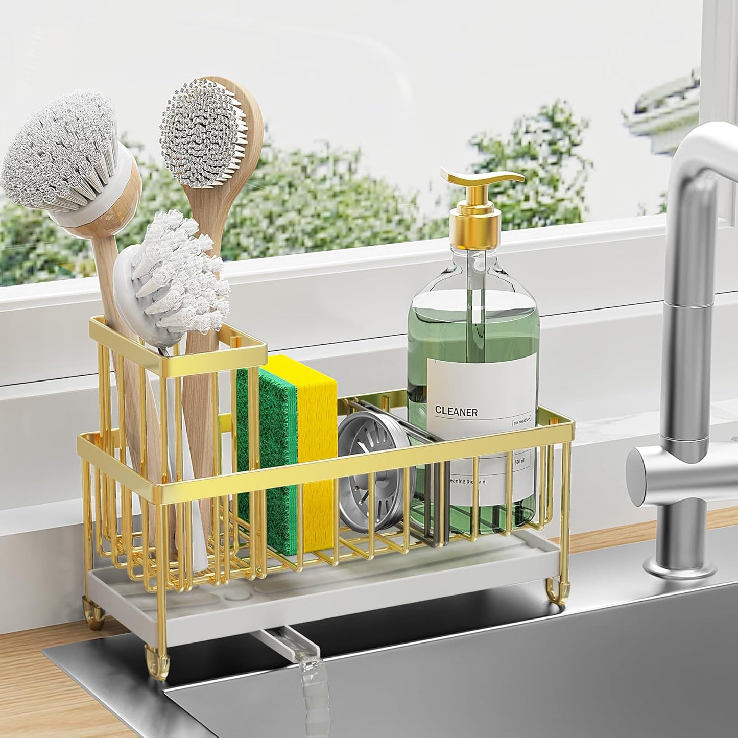 Black Stainless Steel Kitchen Sink Caddy – Rotatable Spout Sponge Holder with Brush Organizer & Soap Storage