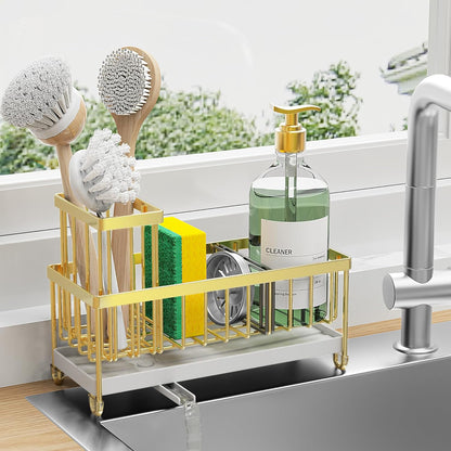 Black Stainless Steel Kitchen Sink Caddy – Rotatable Spout Sponge Holder with Brush Organizer & Soap Storage
