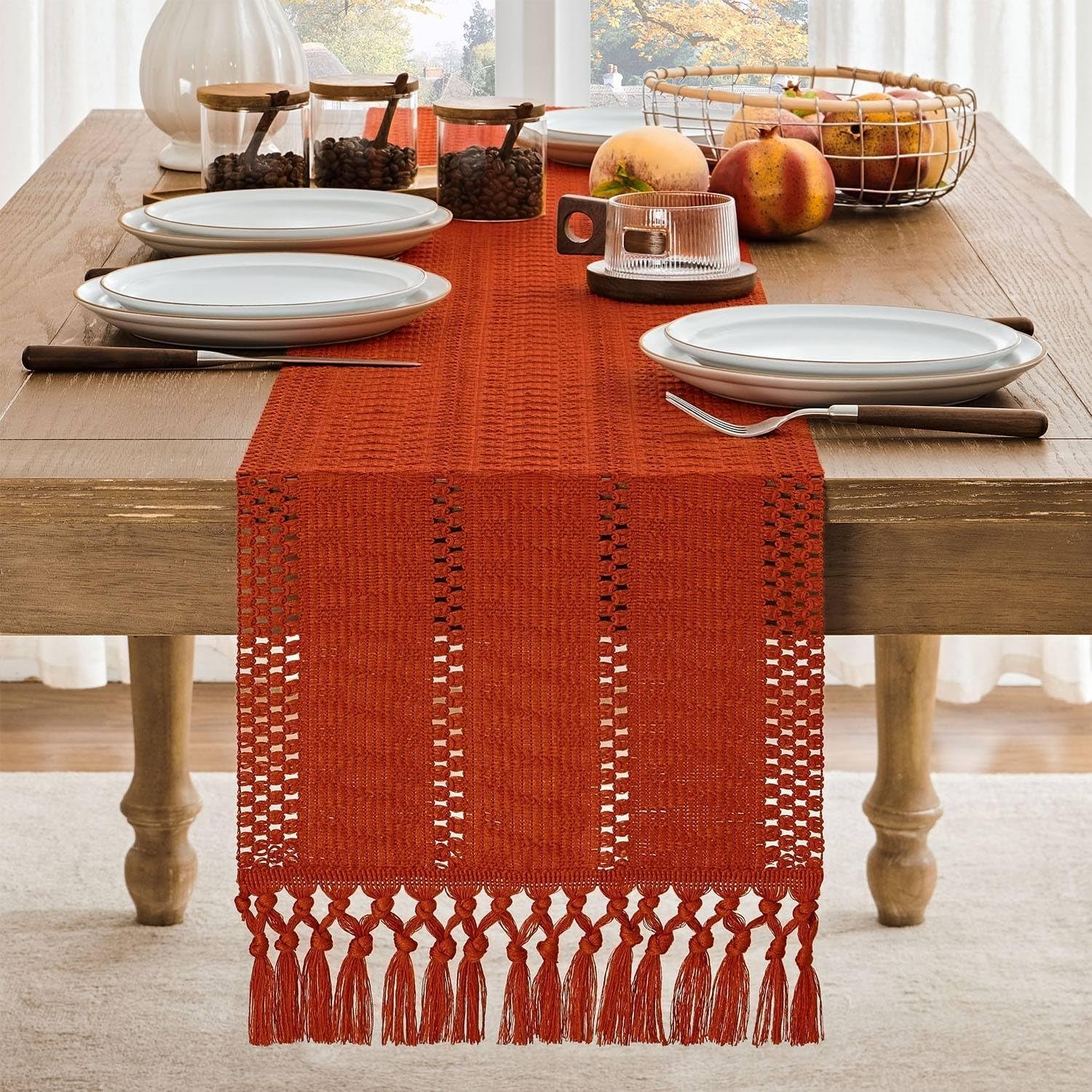Macrame Style Boho Table Runner – Burnt Ochre (12x48”), Farmhouse Woven Fall Decor with Fringed Edges