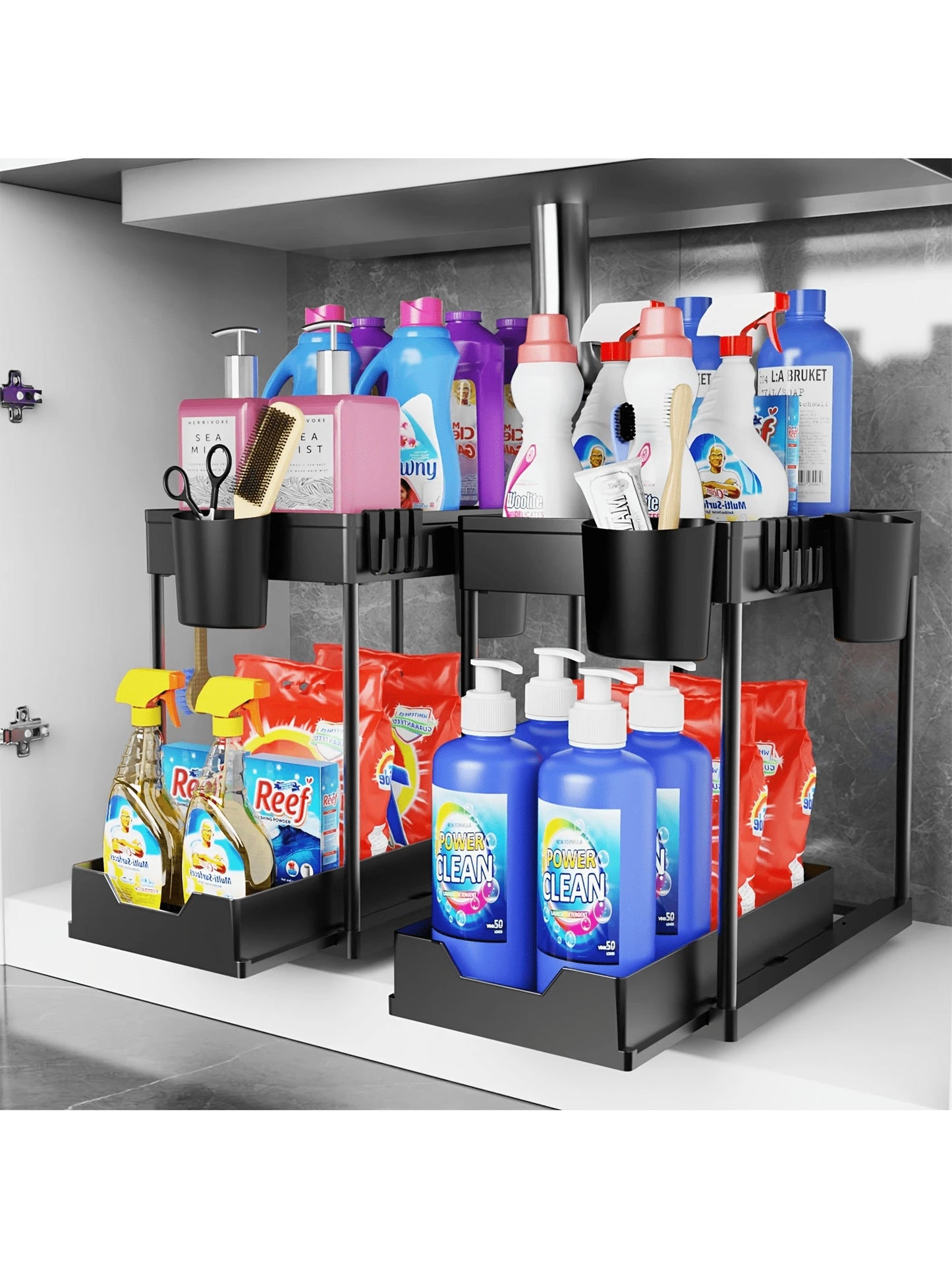 2-Pack Under Sink Organizers – 2-Tier Pull-Out Storage Drawers for Kitchen & Bathroom, Space-Saving and Durable (Black)