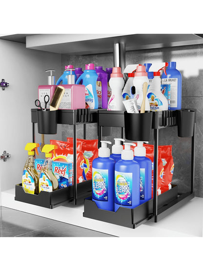 2-Pack Under Sink Organizers – 2-Tier Pull-Out Storage Drawers for Kitchen & Bathroom, Space-Saving and Durable (Black)