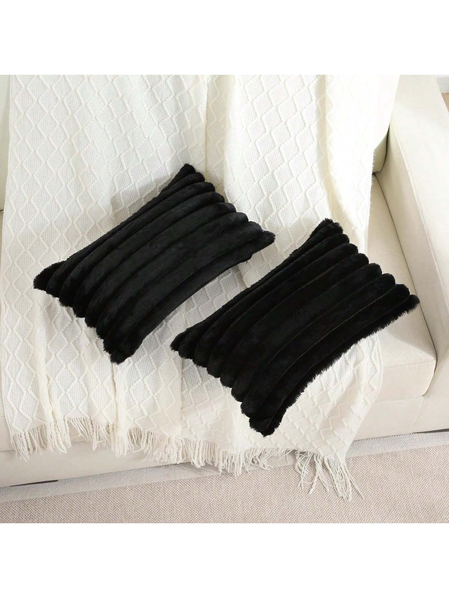 Black Faux Fur Velvet Pillow Covers – Soft Striped Decorative Cushion Cases for Couch or Bed