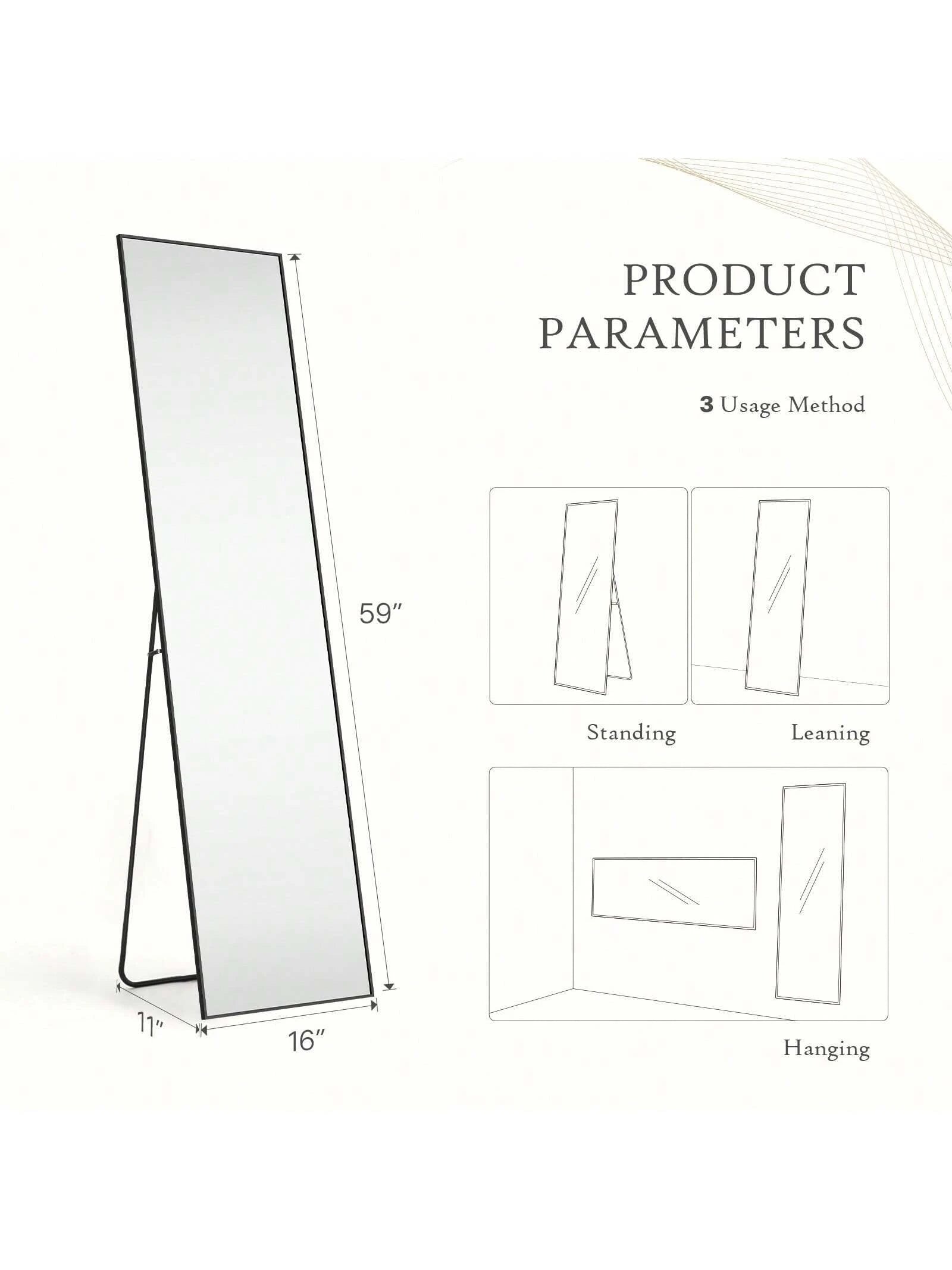 Full Length Standing Mirror – 64"x21" Floor Mirror with Aluminum Frame for Bedroom & Living Spaces