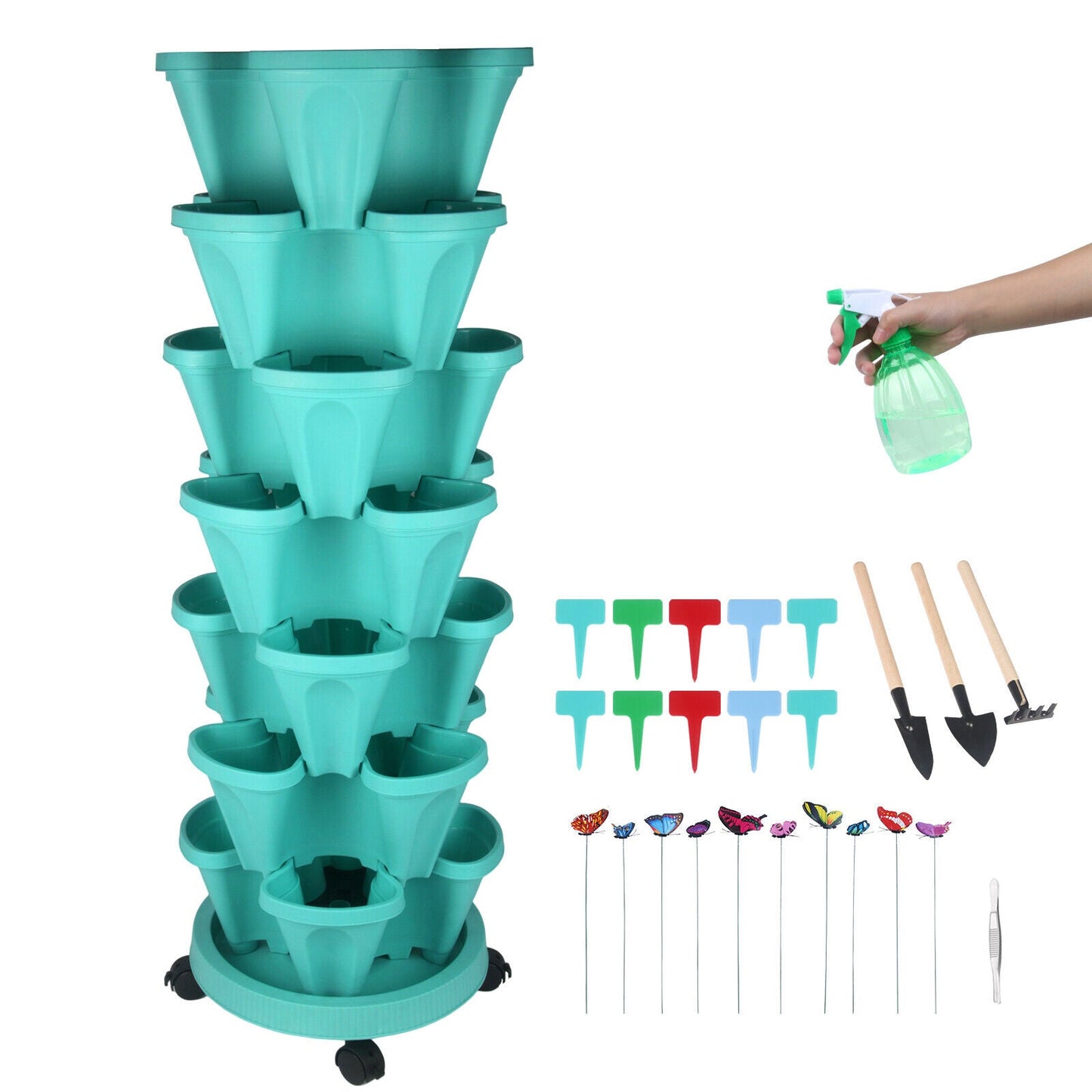 🌱 Product Title: 7-Tier Stackable Vertical Planter with Wheels & Garden Tool Set – Space-Saving Plant Tower for Indoors & Outdoors