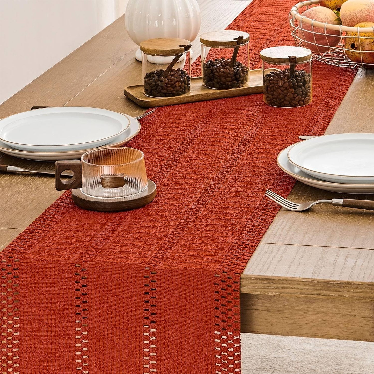 Macrame Style Boho Table Runner – Burnt Ochre (12x48”), Farmhouse Woven Fall Decor with Fringed Edges