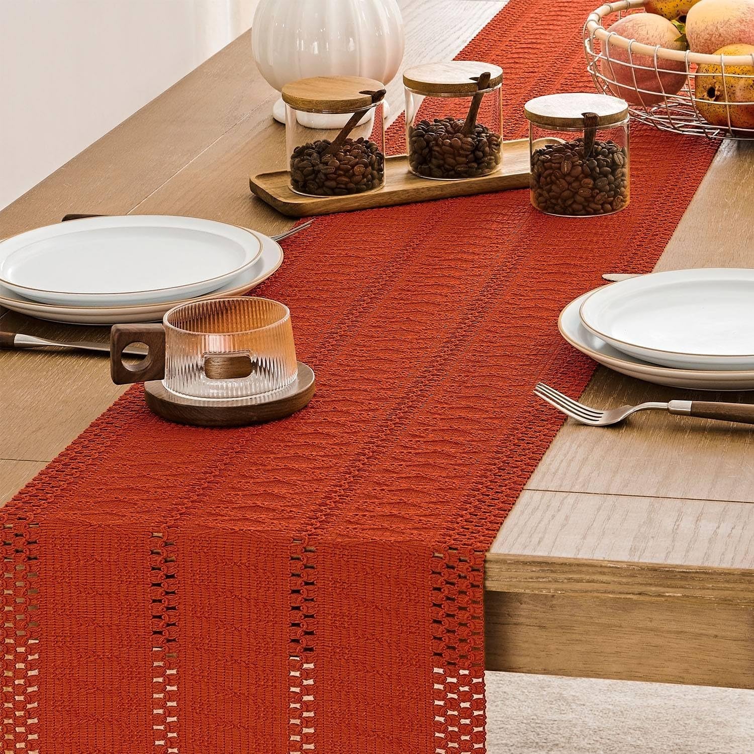 Macrame Style Boho Table Runner – Burnt Ochre (12x48”), Farmhouse Woven Fall Decor with Fringed Edges