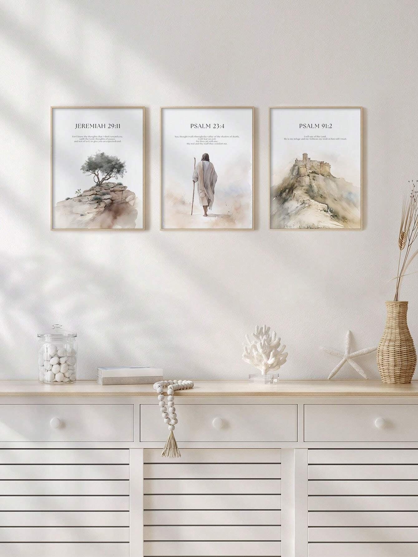 3-Piece Jesus & Nature Canvas Wall Art Set – Boho Christian Scripture Posters (No Frame, Beige)