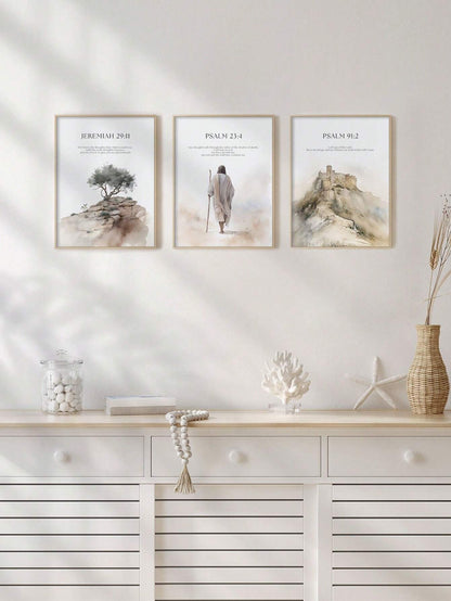 3-Piece Jesus & Nature Canvas Wall Art Set – Boho Christian Scripture Posters (No Frame, Beige)