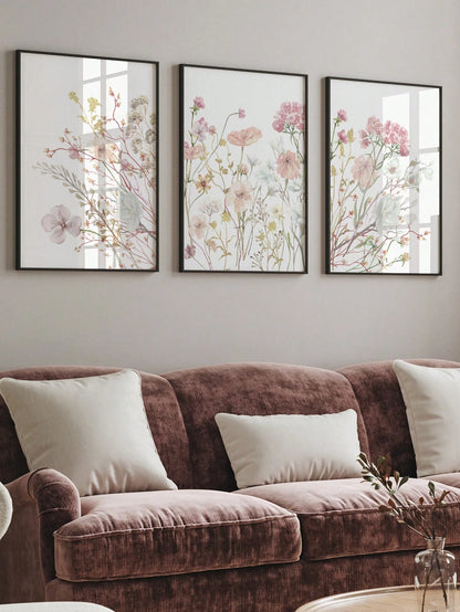 3-Piece Wildflowers Canvas Poster Set – Pink Botanical Wall Art Prints for Bedroom, Living Room & Office Decor (Unframed)