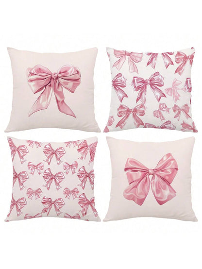 4 Pcs Pink Bow Print Pillow Covers – 17.7" x 17.7" Decorative Cushion Covers for Sofa, Bed & More