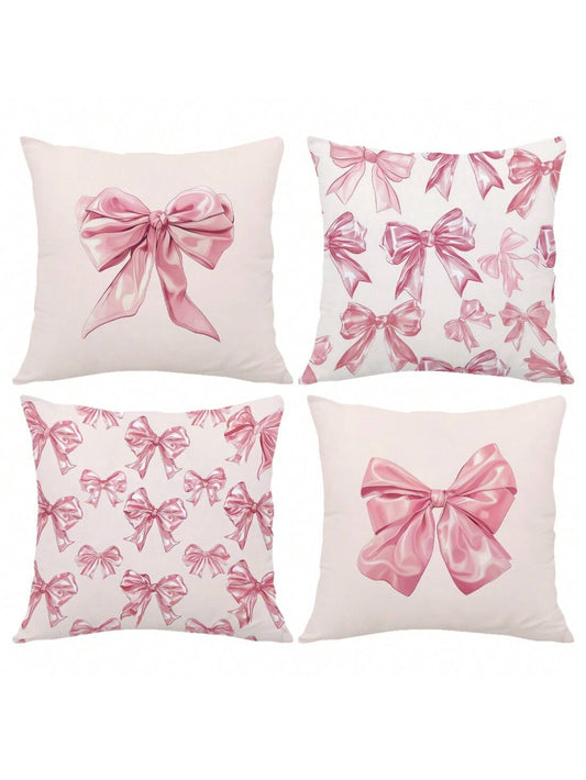 4 Pcs Pink Bow Print Pillow Covers – 17.7" x 17.7" Decorative Cushion Covers for Sofa, Bed & More