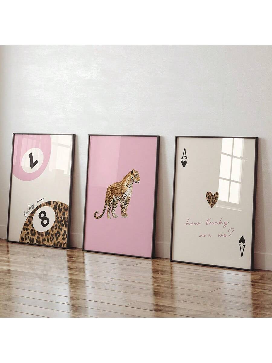 Preppy Leopard & Lucky 8 Ball Canvas Wall Art – Pink & Red Cheetah Prints (1/3Pcs, Unframed)
