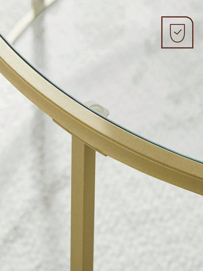 Gold Round Glass Side Table – Modern Metal Frame End Table for Living Room, Bedroom & Balcony