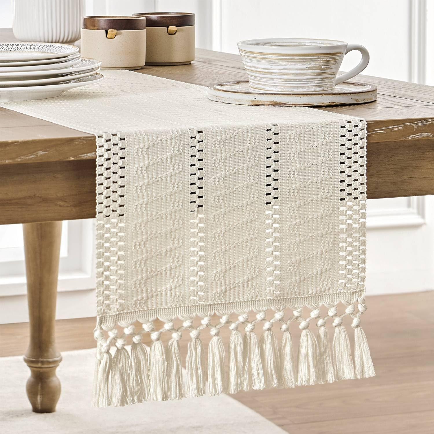 Macrame Style Boho Table Runner – Burnt Ochre (12x48”), Farmhouse Woven Fall Decor with Fringed Edges