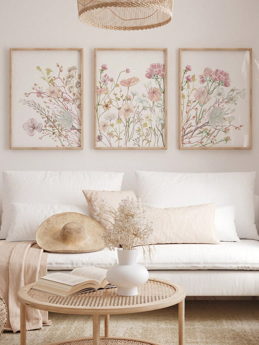 3-Piece Wildflowers Canvas Poster Set – Pink Botanical Wall Art Prints for Bedroom, Living Room & Office Decor (Unframed)