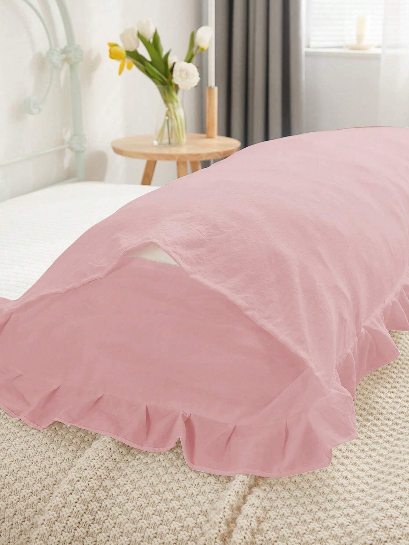 Coral Pink Ruffle Trim Pillowcase – Soft & Skin-Friendly Solid Color Bed Cover (No Filler)