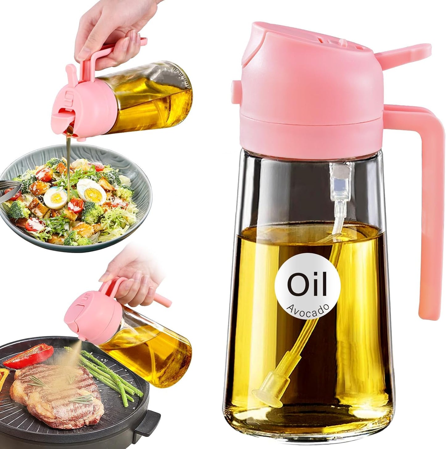 2-in-1 Olive Oil Dispenser & Sprayer – 16oz Glass Bottle for Cooking, Salad, BBQ (Black)