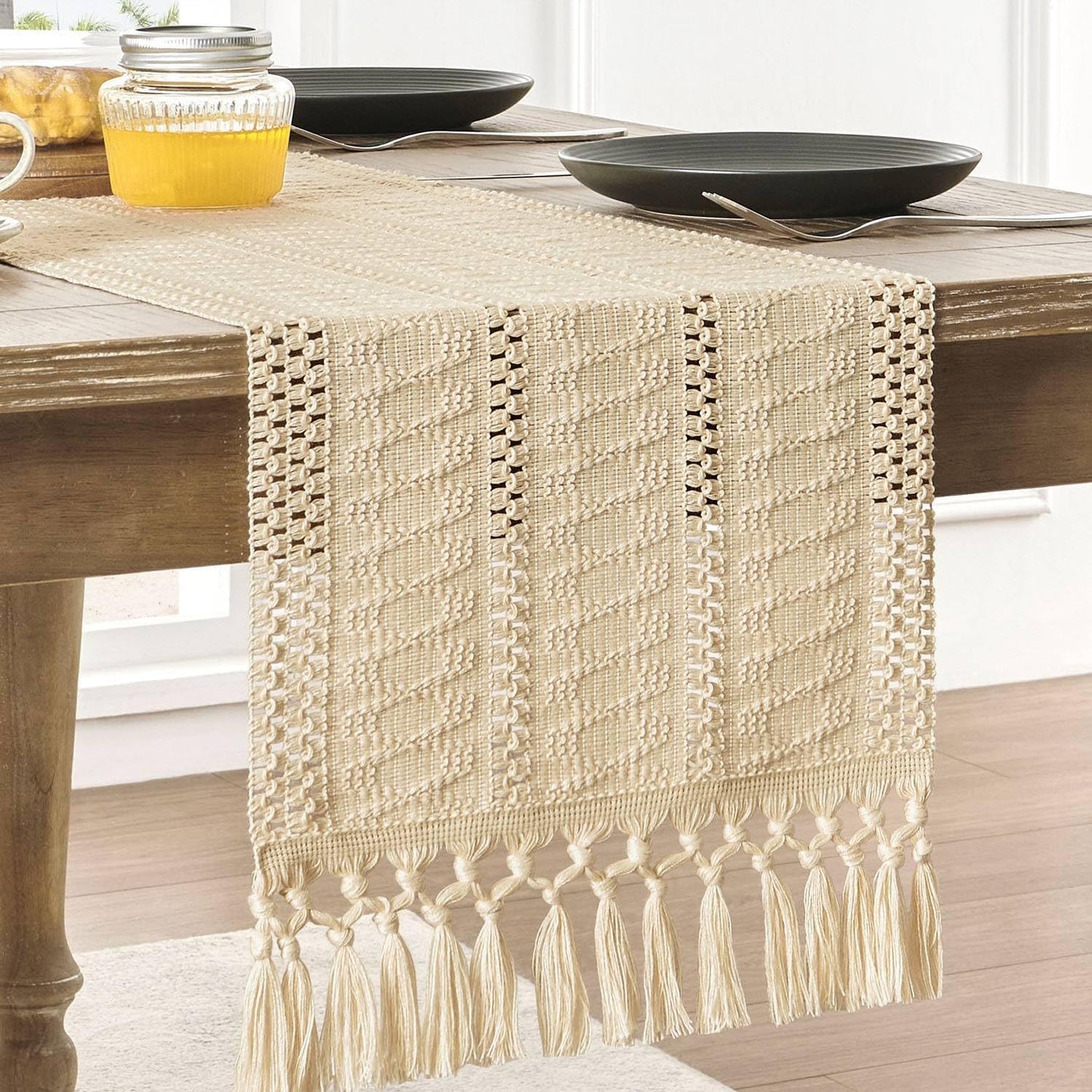 Macrame Style Boho Table Runner – Burnt Ochre (12x48”), Farmhouse Woven Fall Decor with Fringed Edges