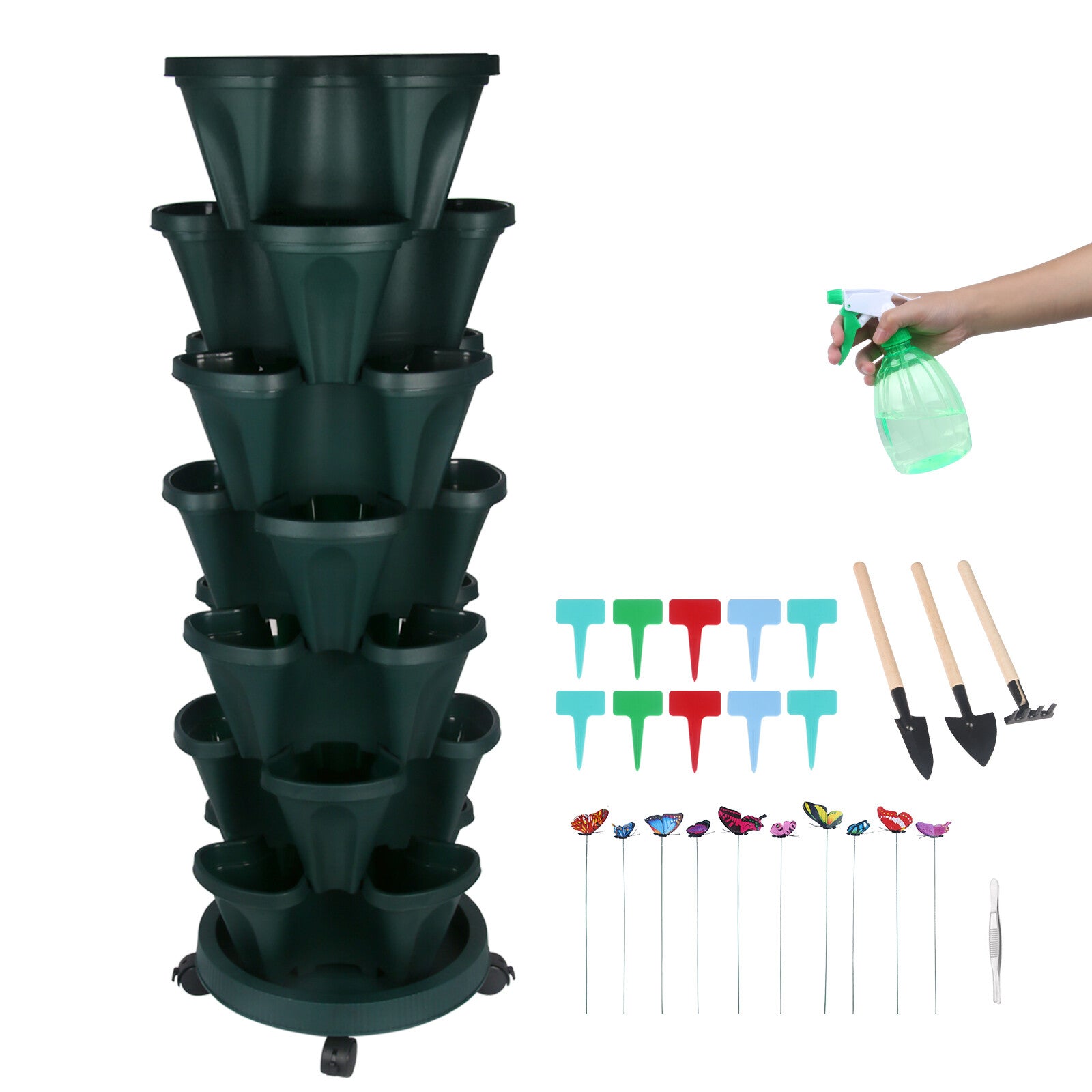 🌱 Product Title: 7-Tier Stackable Vertical Planter with Wheels & Garden Tool Set – Space-Saving Plant Tower for Indoors & Outdoors