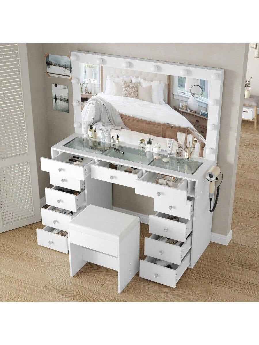 Vanity Desk with Power Outlet – White Makeup Vanity Set with Mirror, 12 LED Lights, 11 Drawers & Chair
