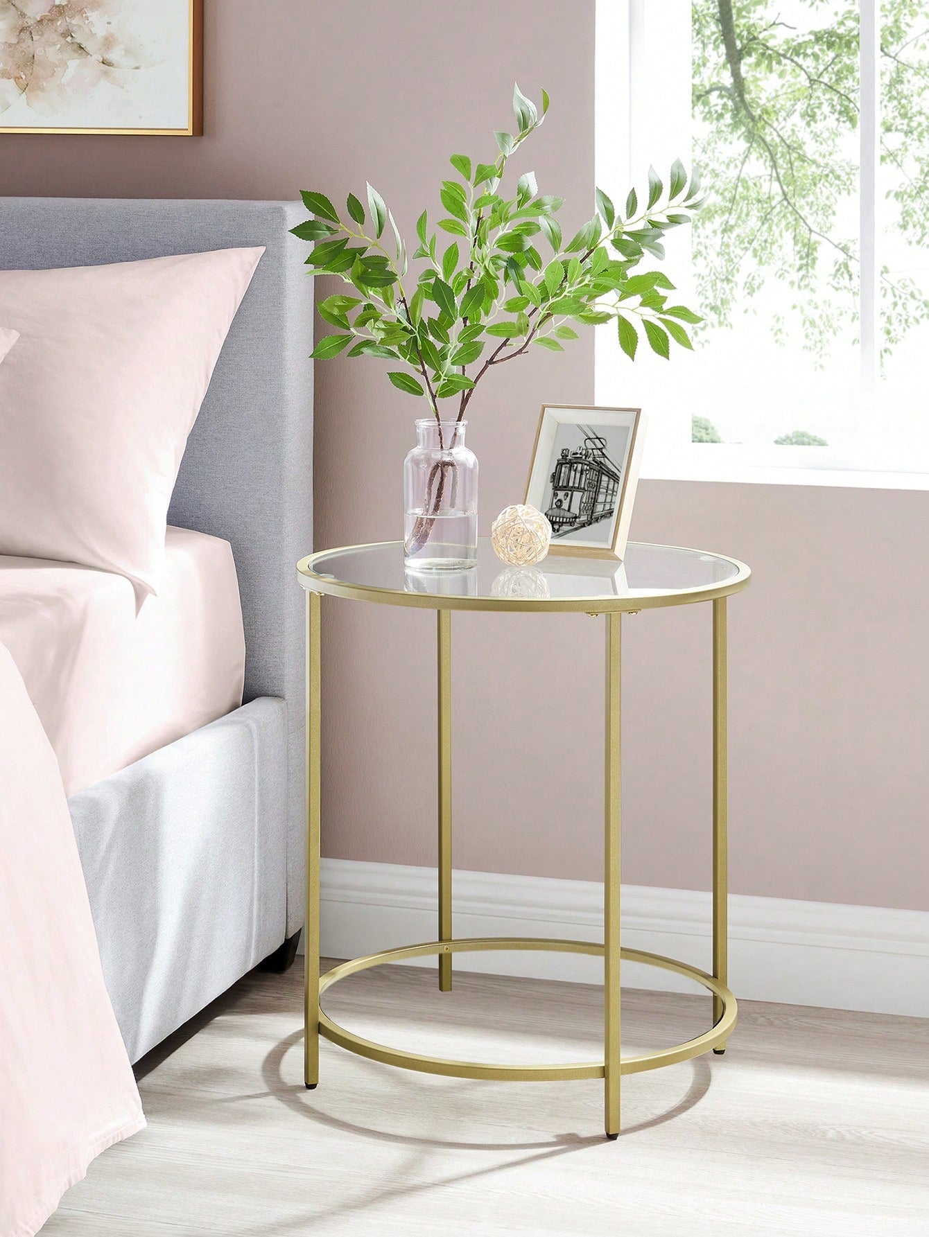 Gold Round Glass Side Table – Modern Metal Frame End Table for Living Room, Bedroom & Balcony