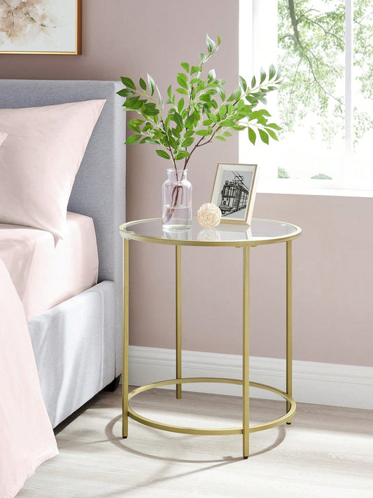 Gold Round Glass Side Table – Modern Metal Frame End Table for Living Room, Bedroom & Balcony