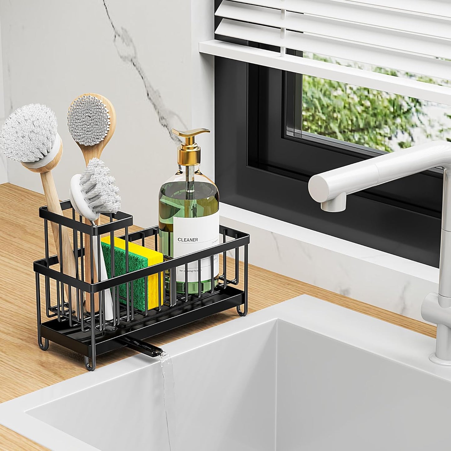 Black Stainless Steel Kitchen Sink Caddy – Rotatable Spout Sponge Holder with Brush Organizer & Soap Storage