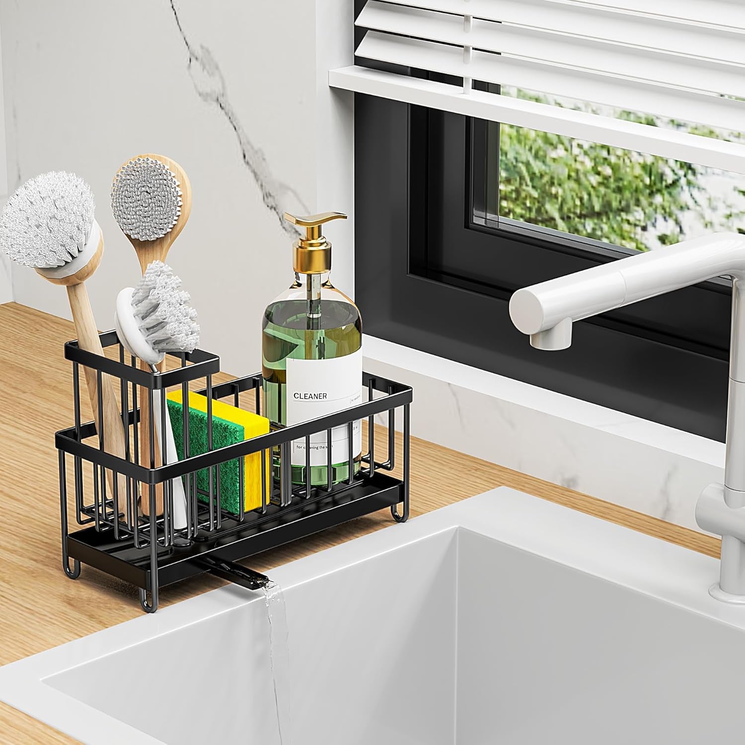 Black Stainless Steel Kitchen Sink Caddy – Rotatable Spout Sponge Holder with Brush Organizer & Soap Storage