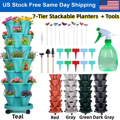 🌱 Product Title: 7-Tier Stackable Vertical Planter with Wheels & Garden Tool Set – Space-Saving Plant Tower for Indoors & Outdoors